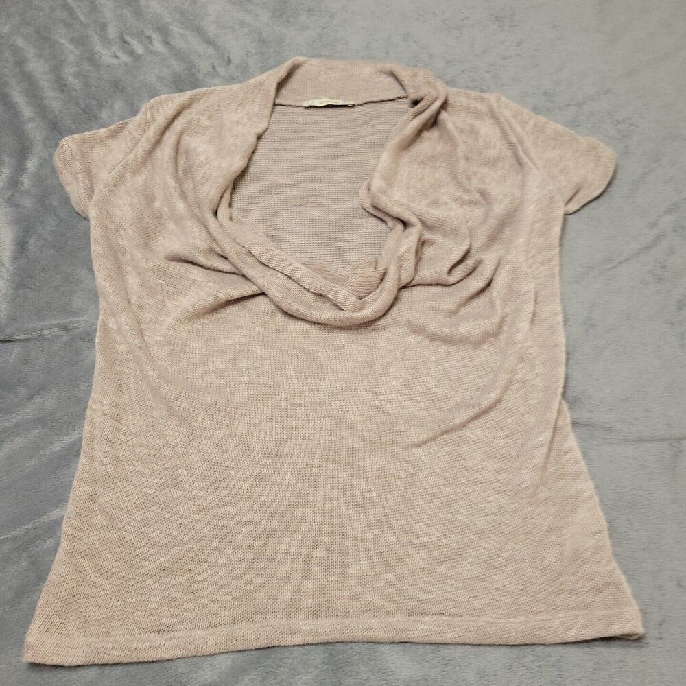Gorgeous Blouse Women Medium Knit Shirt Beige Short Sleeve Deep Scoop Accent Top